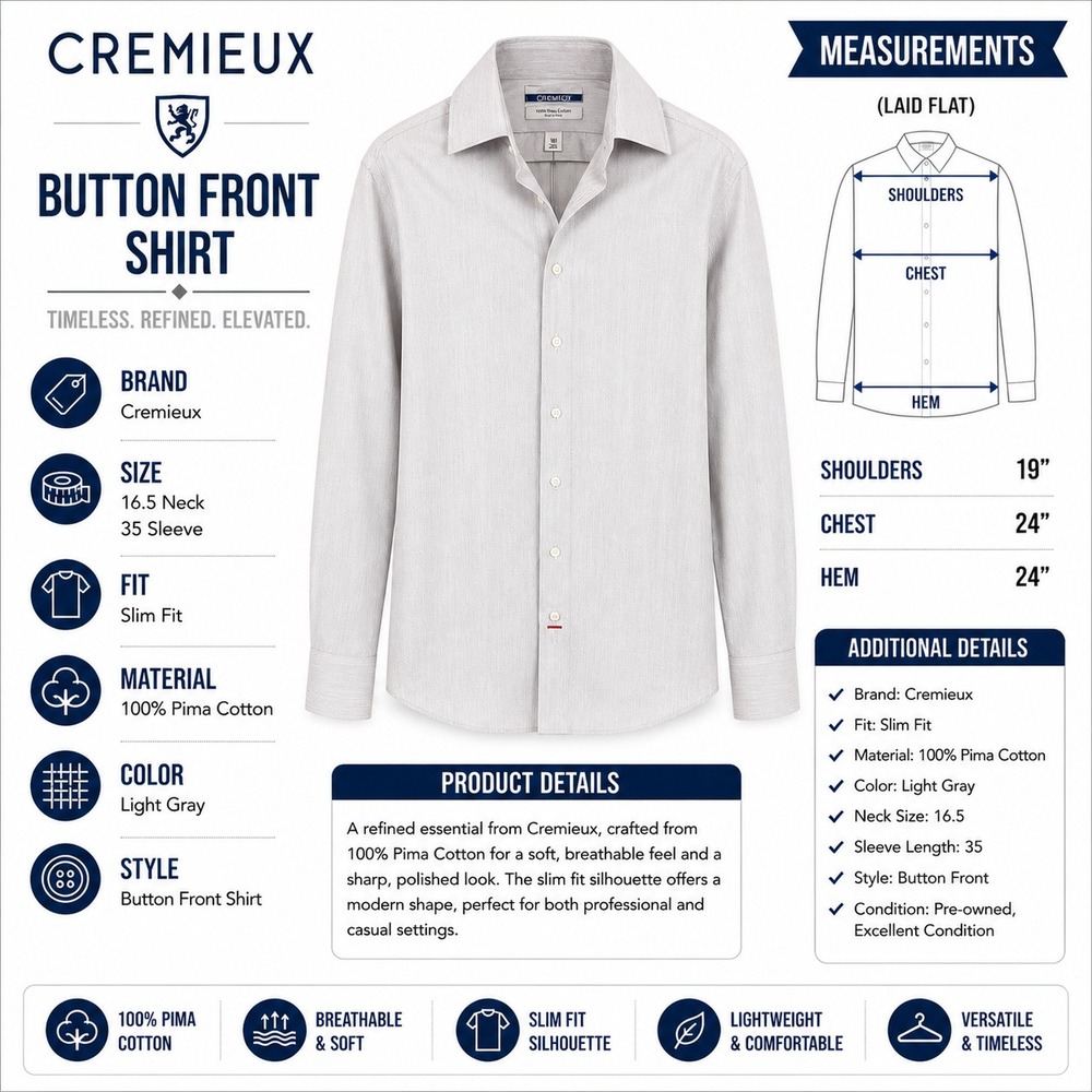 Cremieux Slim Fit Dress‎ Shirt Mens 16.5 35 Gray 100% Pima Cotton Non-Iron L/S - Picture 2 of 14